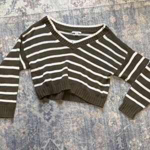 American Eagle Outfitters Olive and White V-Neck Sweater